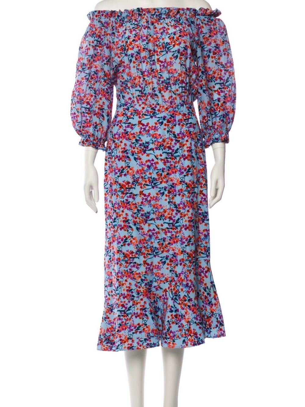 Saloni 100% Silk Floral Print Off The Shoulder Midi Dress Light Blue US 6 UK 10 - Picture 2 of 12